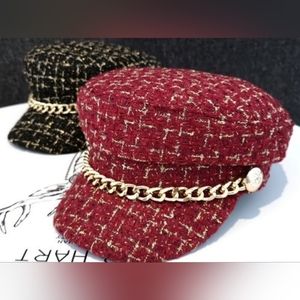 TWEED FISHERMAN'S NEWSBOY RED GOLD HAT WITH GOLD CHAIN AND A BLACK ONE TOO"